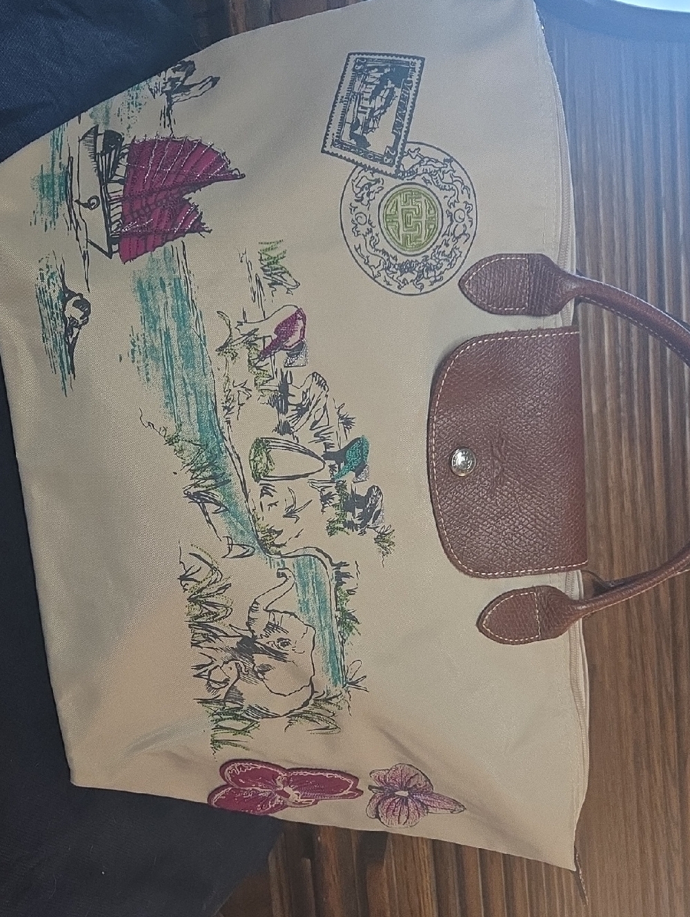 Beige Canvas Tote Bag with Brown Leather Trim